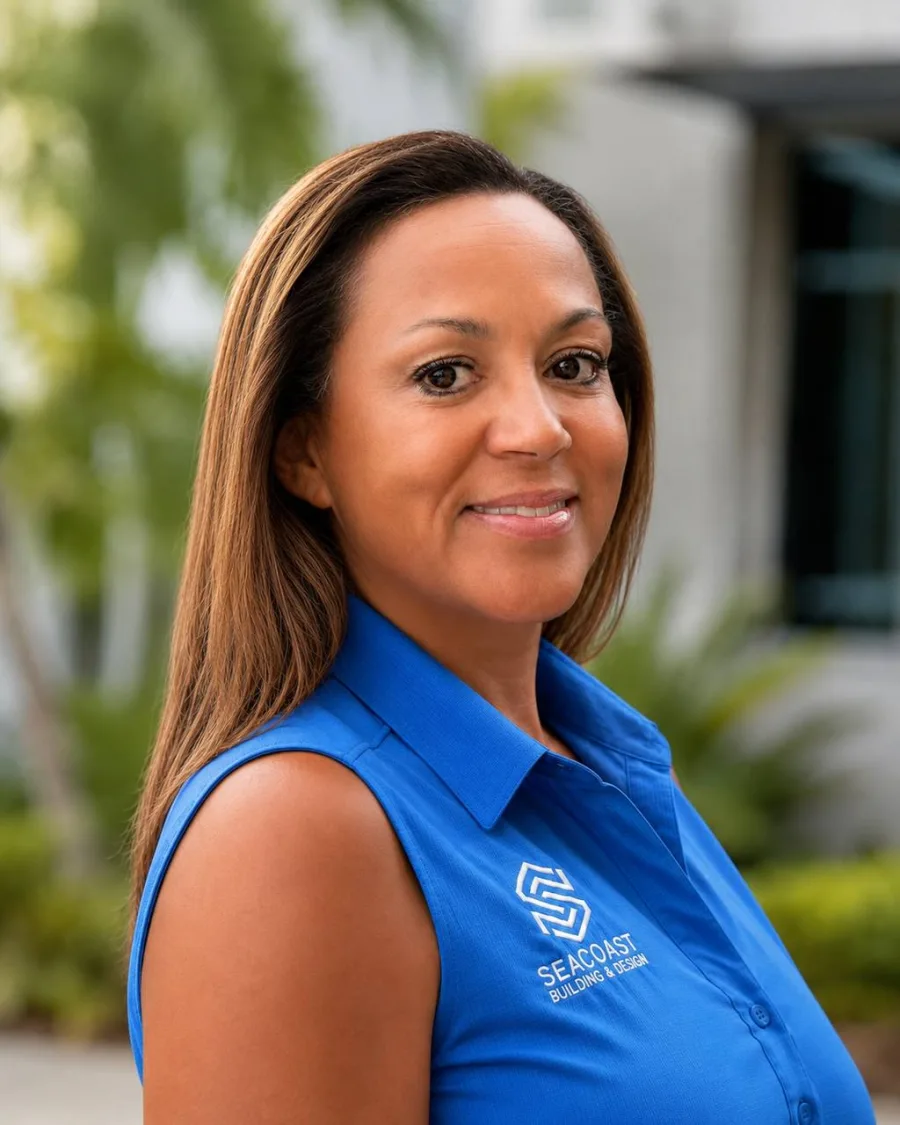 Chandra Dayland, co-owner of Seacoast Building & Design, wearing a Seacoast Building & Design polo shirt