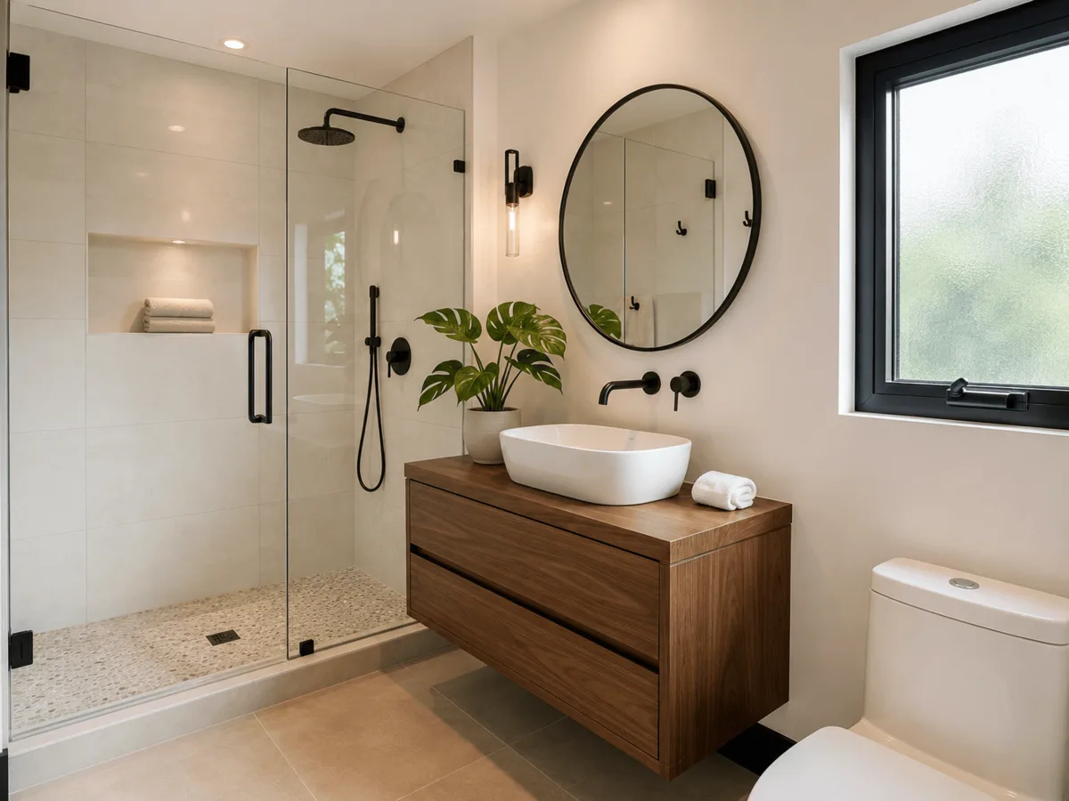 Interior bathroom of finished container guest house with walk-in tile shower, floating vanity, and natural light from frosted window