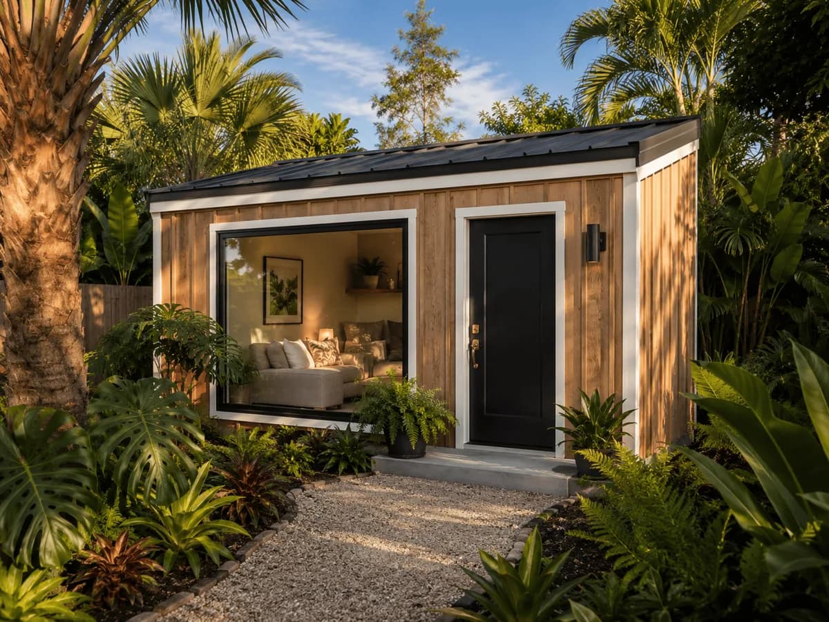 Container guest house with board-and-batten cedar siding, large picture window, and tropical garden surround