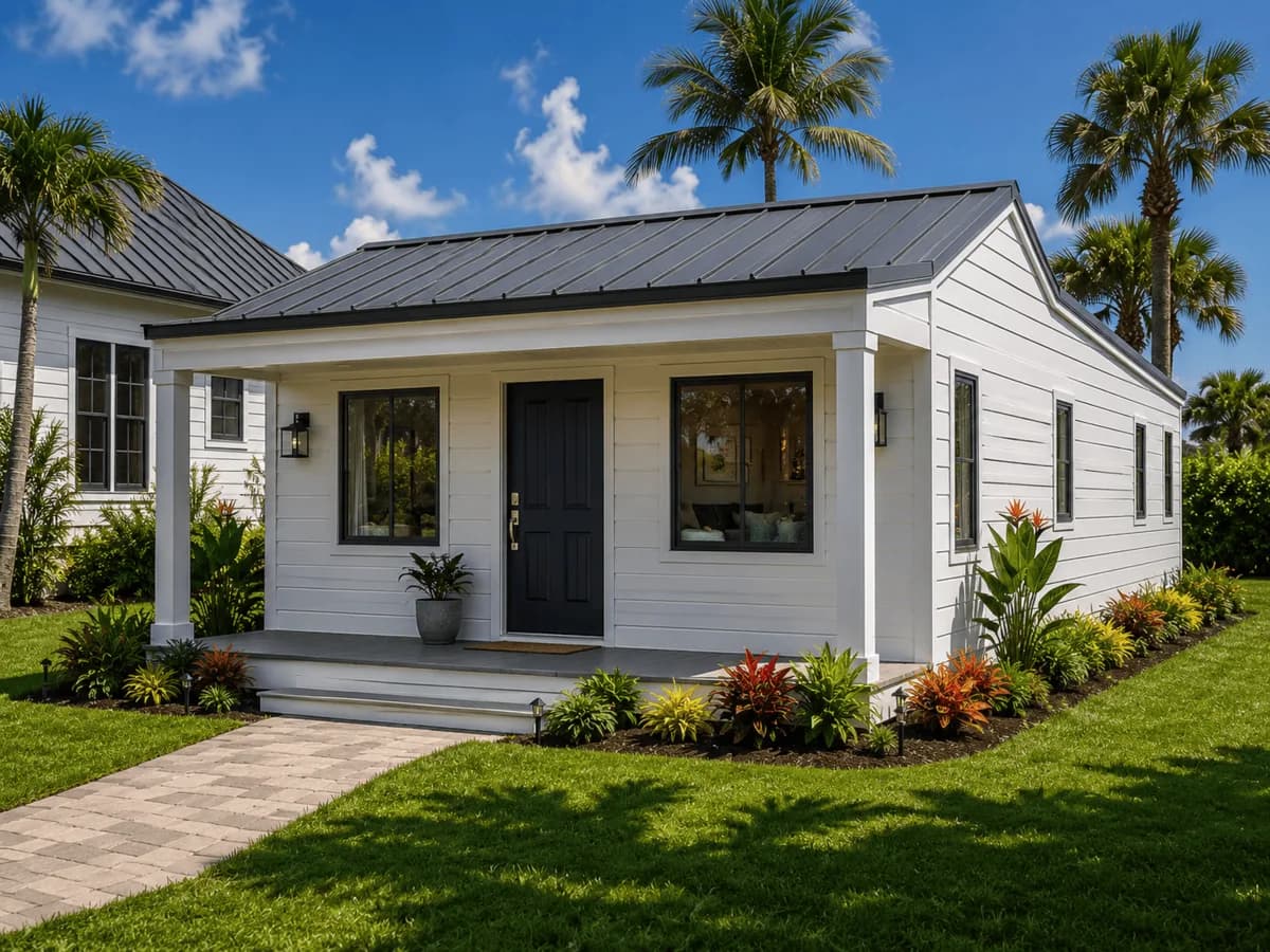 Container guest house with white Hardie board lap siding, covered front porch, and standing-seam metal roof matching the main house