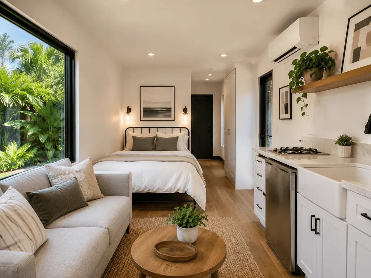 Interior of finished container studio with open living and sleeping area, kitchenette, plank flooring, and high-contrast trim