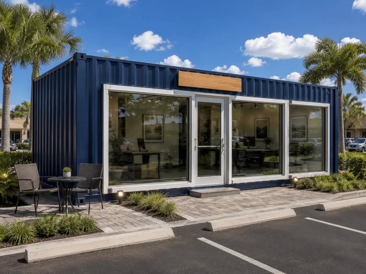 Exterior of a converted 40-foot container professional office with glass entry door and commercial signage