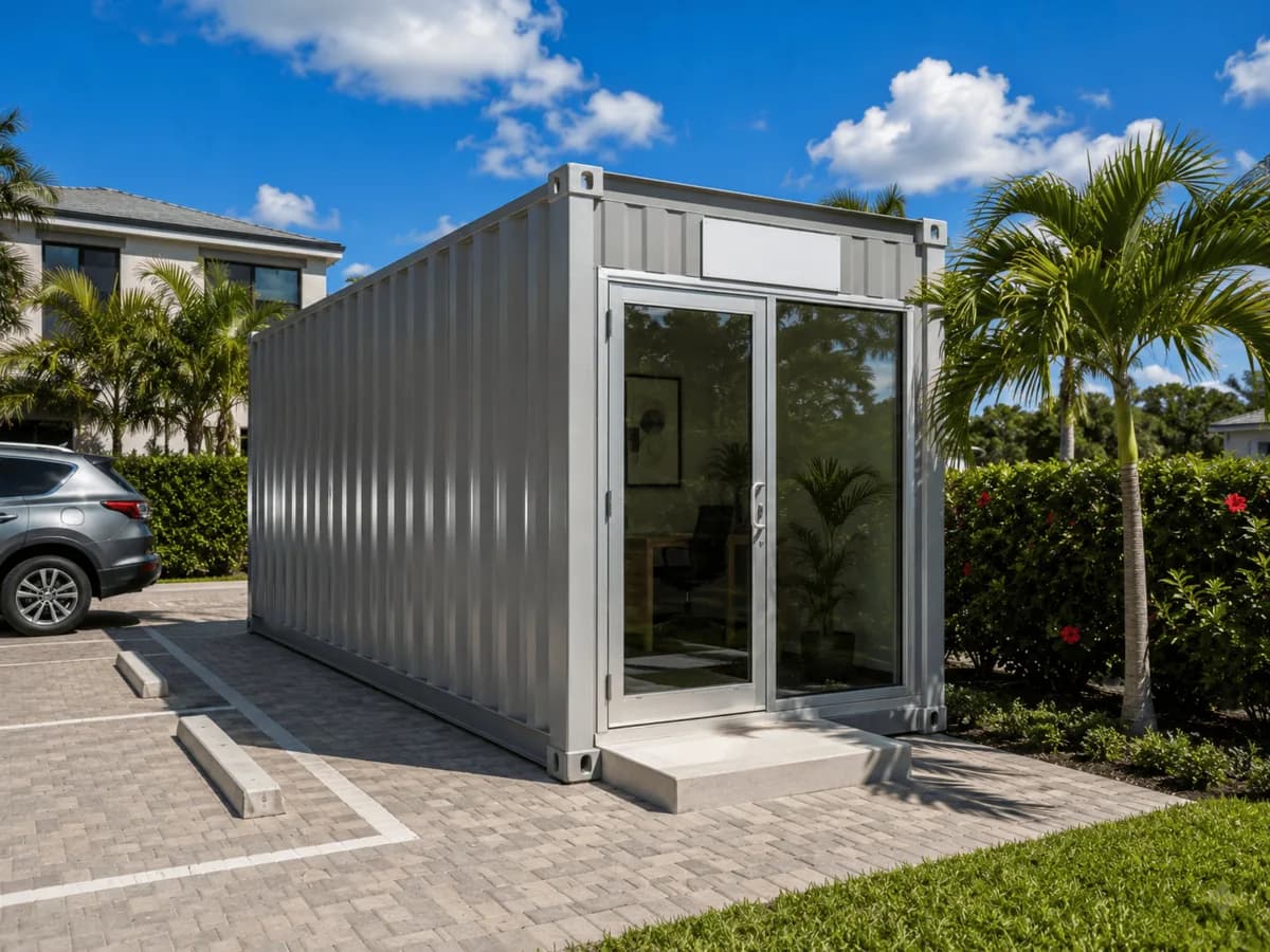 Representative container-based office with windows and a finished exterior