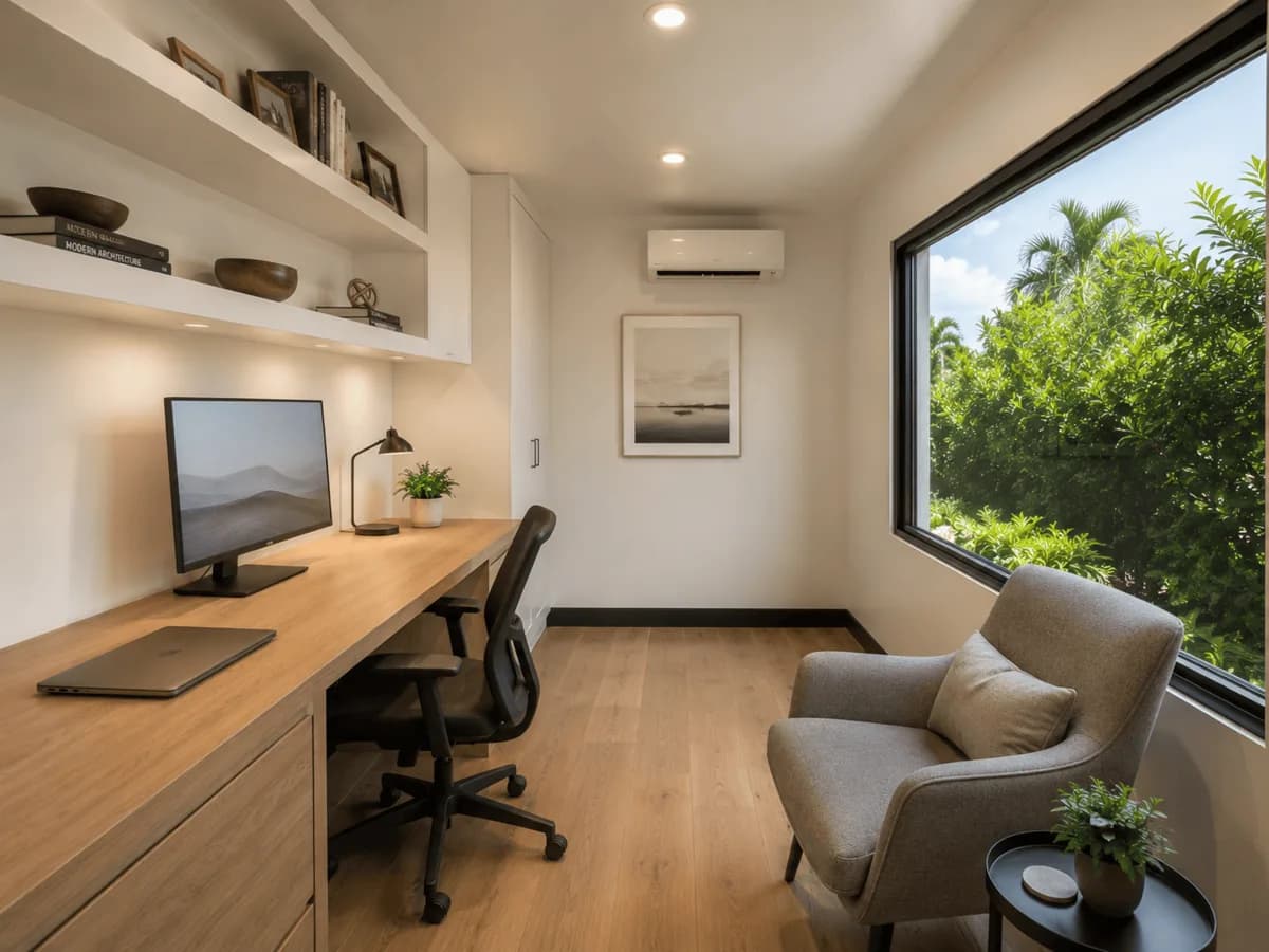 Interior of finished container office with desk, monitor, shelving, mini-split, plank flooring, and recessed lighting