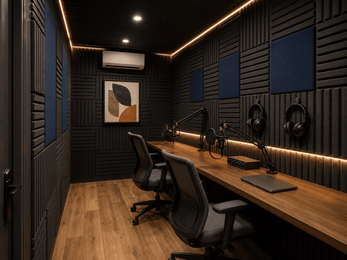 Container podcast studio interior with acoustic panels, microphone setup, and LED strip lighting