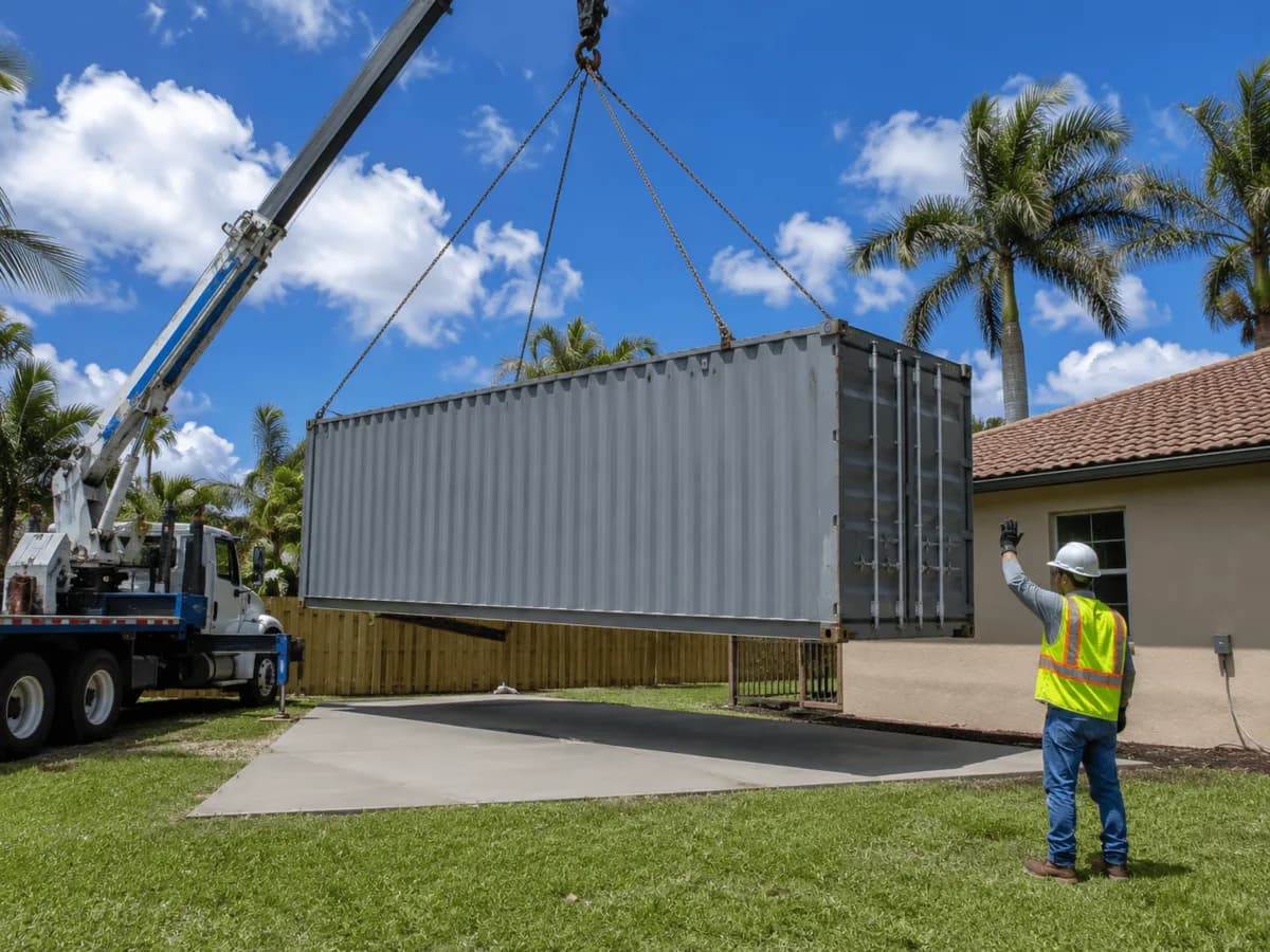 Crane placing a 40-foot shipping container on a residential concrete pad, operator directing from the ground