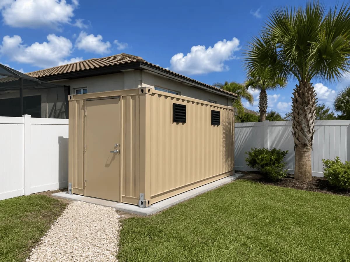 20-foot container storm shelter anchored to a concrete pad with reinforced door and ventilation grilles in a residential backyard