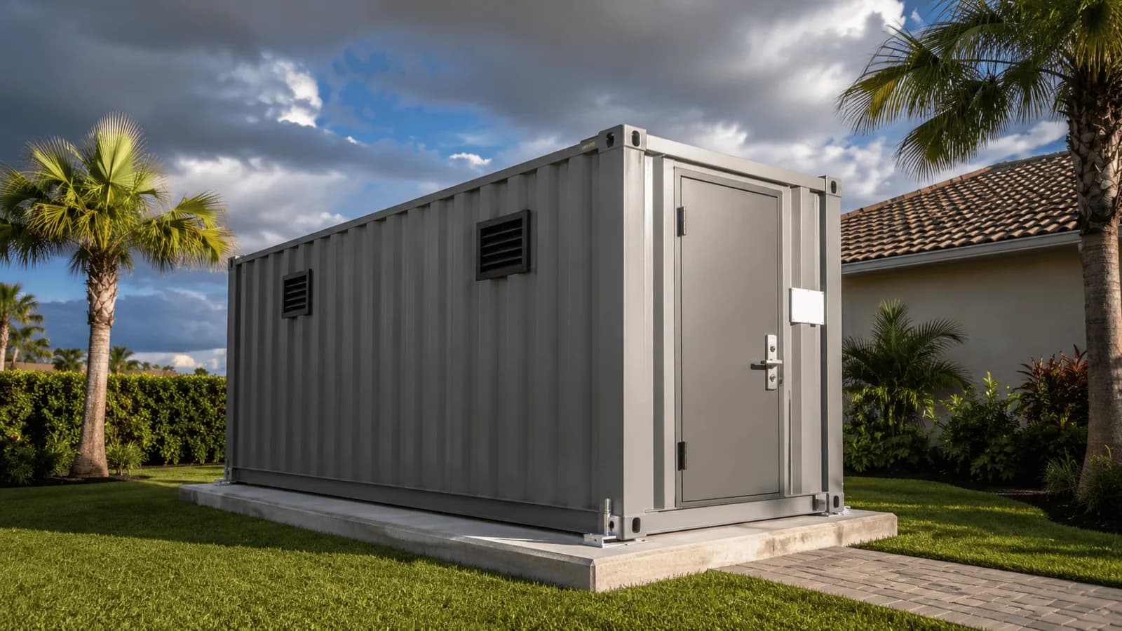 Anchored container storm shelter with reinforced entry door, ventilation grilles, and exterior signage on a residential property in Southwest Florida