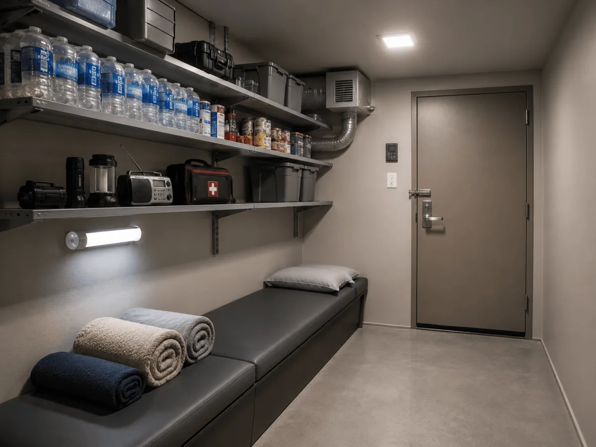 Interior of finished storm shelter with emergency lighting, storage shelving, sleeping bench, and ventilation unit