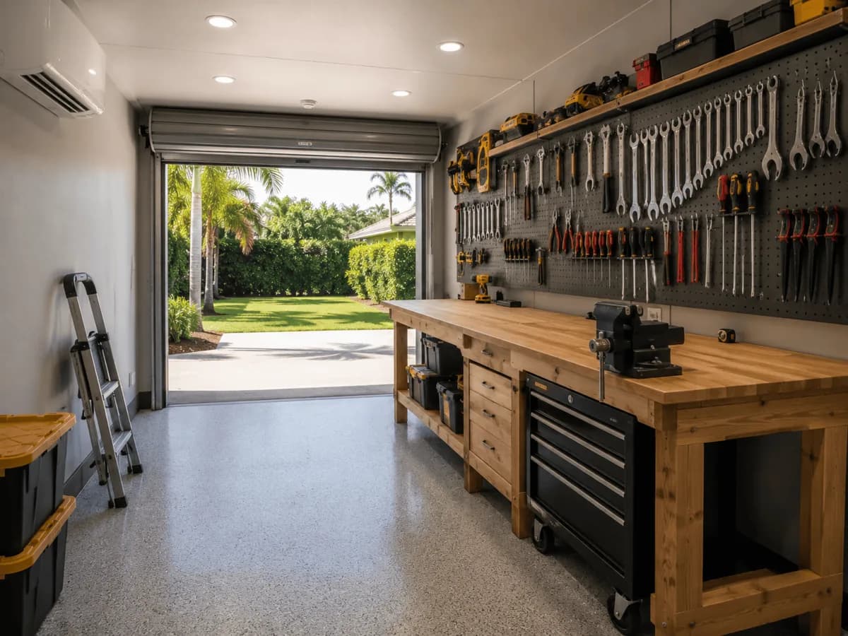 Container workshop interior with roll-up door open, tool storage wall, and epoxy floor