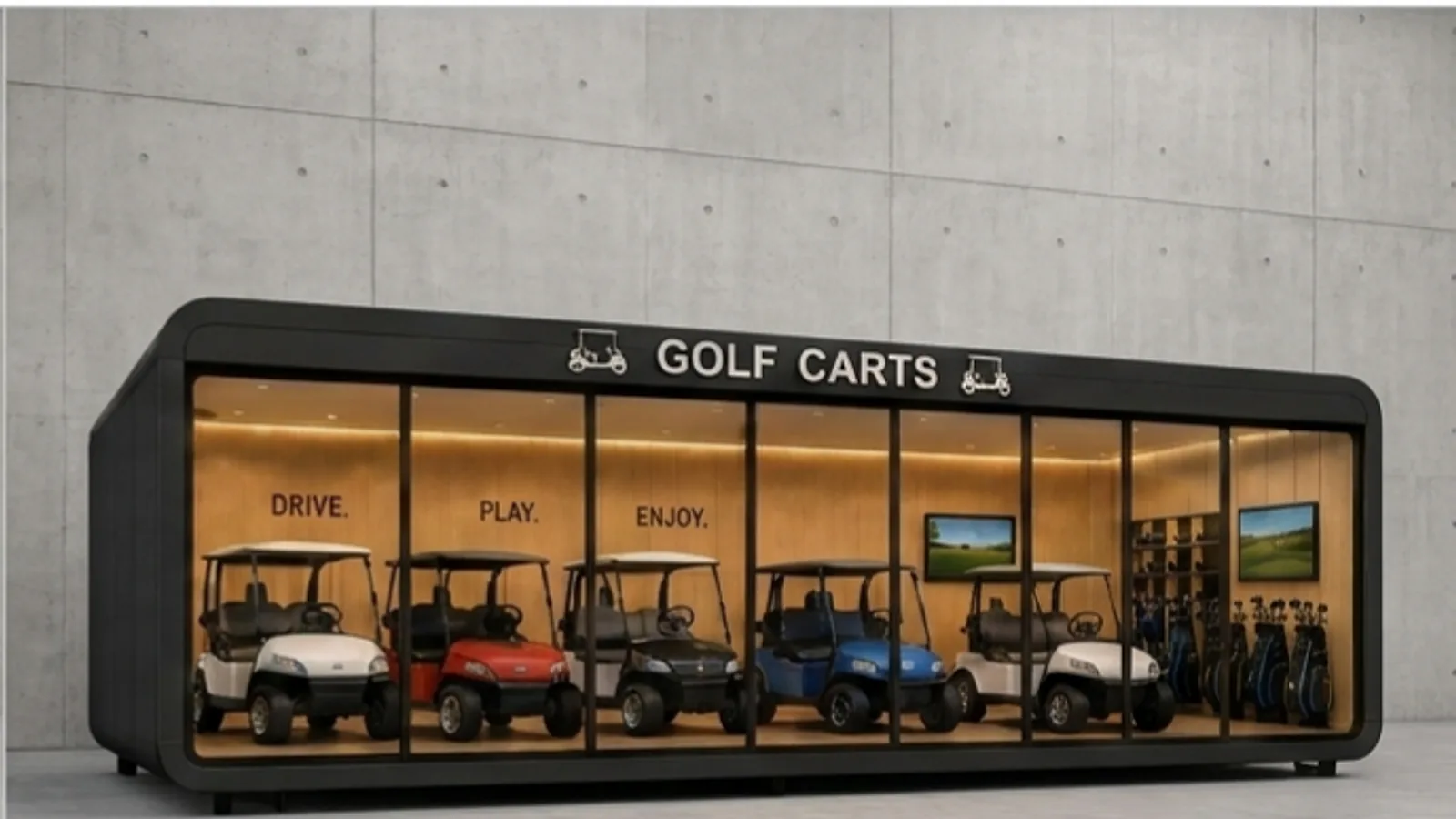 Concept rendering of a black glass-front modular showroom displaying golf carts