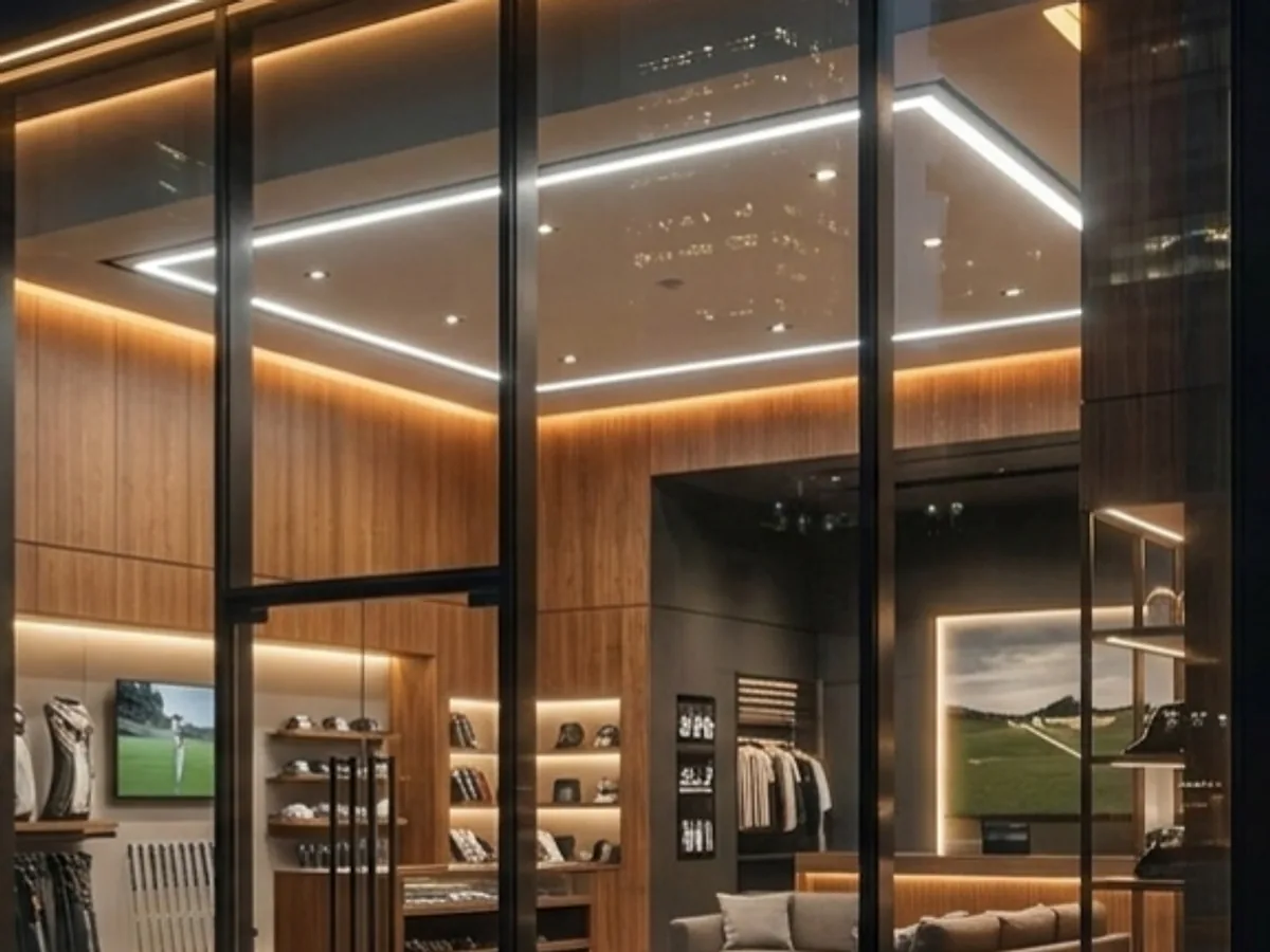 Concept rendering of an illuminated glass-front modular retail interior with display shelving