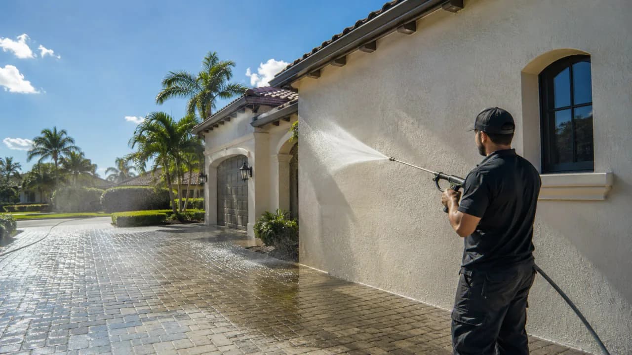 Representative view of a worker soft-washing a stucco exterior and paver driveway in Southwest Florida