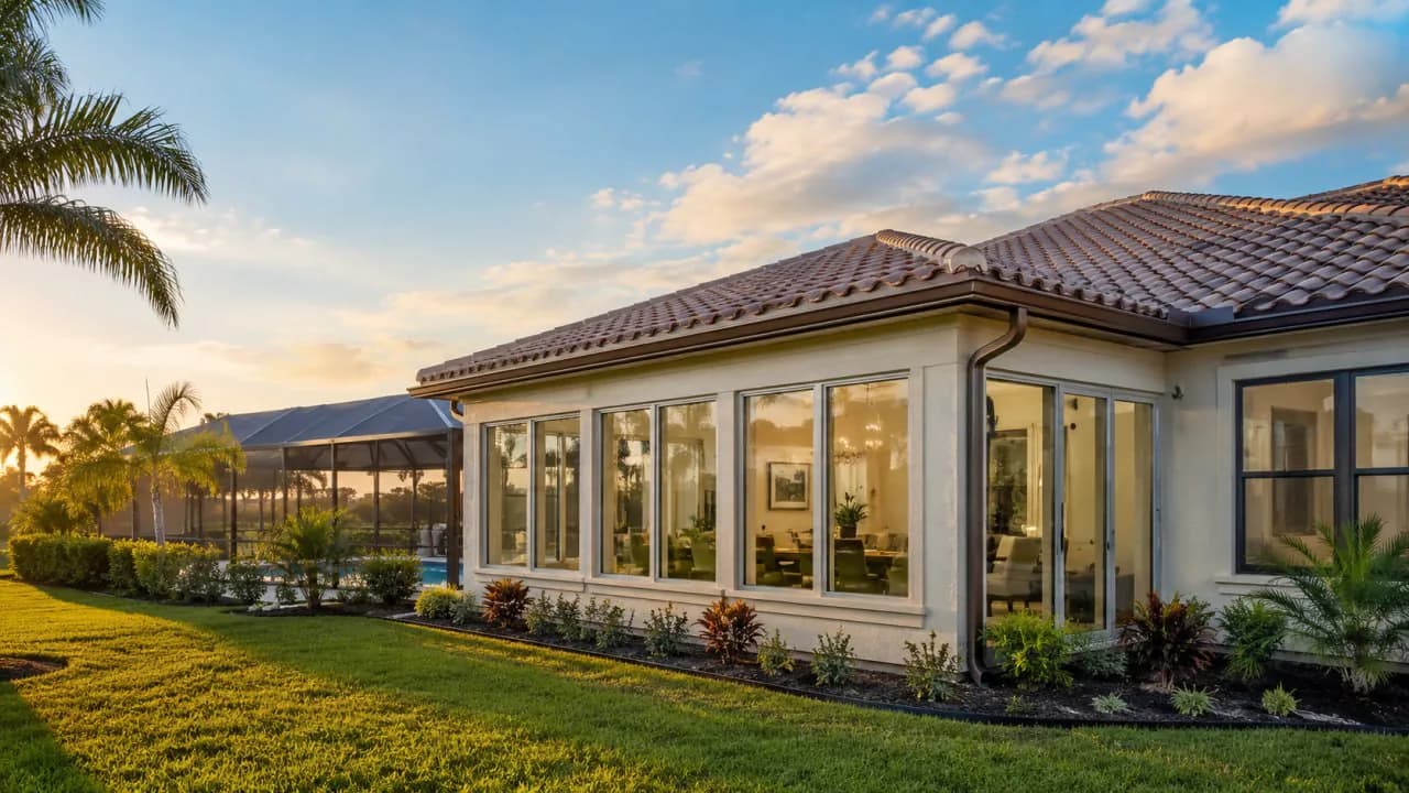 Representative finished sunroom and lanai addition matched to a barrel-tile Southwest Florida home
