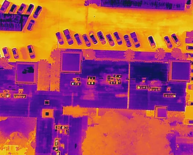 Thermal drone image of a large flat roof and rooftop equipment showing surface-temperature variation