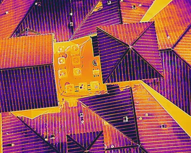 Thermal aerial view of intersecting standing-seam metal roof planes on a multi-building property