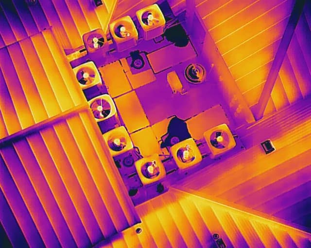Top-down thermal drone view of rooftop mechanical equipment surrounded by standing-seam metal roof sections