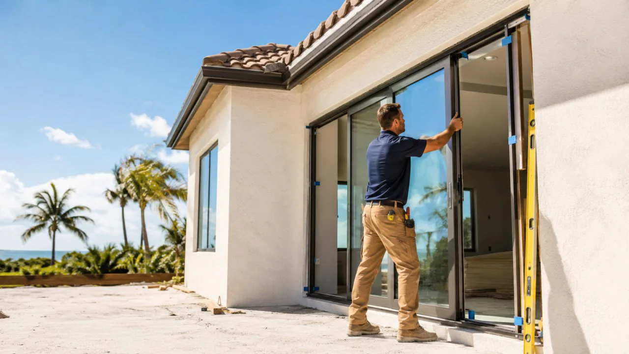 Representative installation of a large impact-rated sliding glass door at a stucco Southwest Florida home