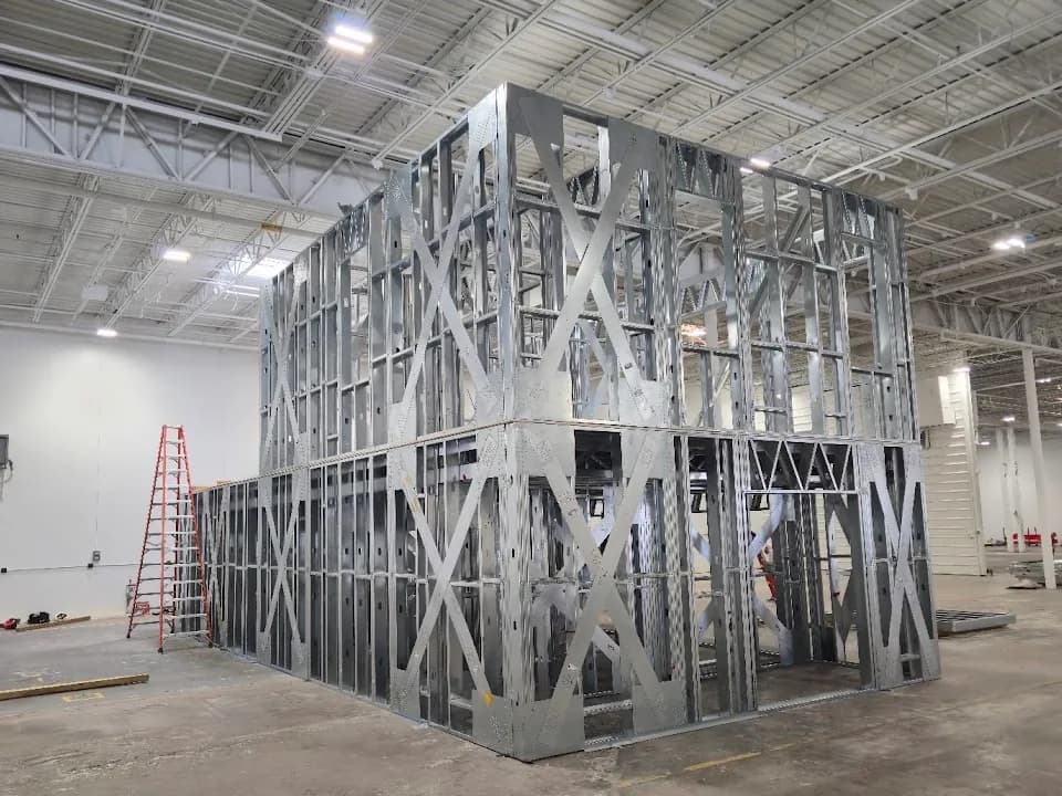 Two-story light-gauge steel framing assembled indoors