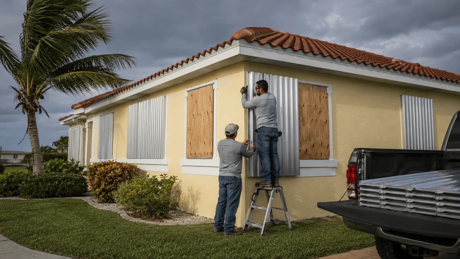 Representative view of a crew installing storm panels on a Southwest Florida home
